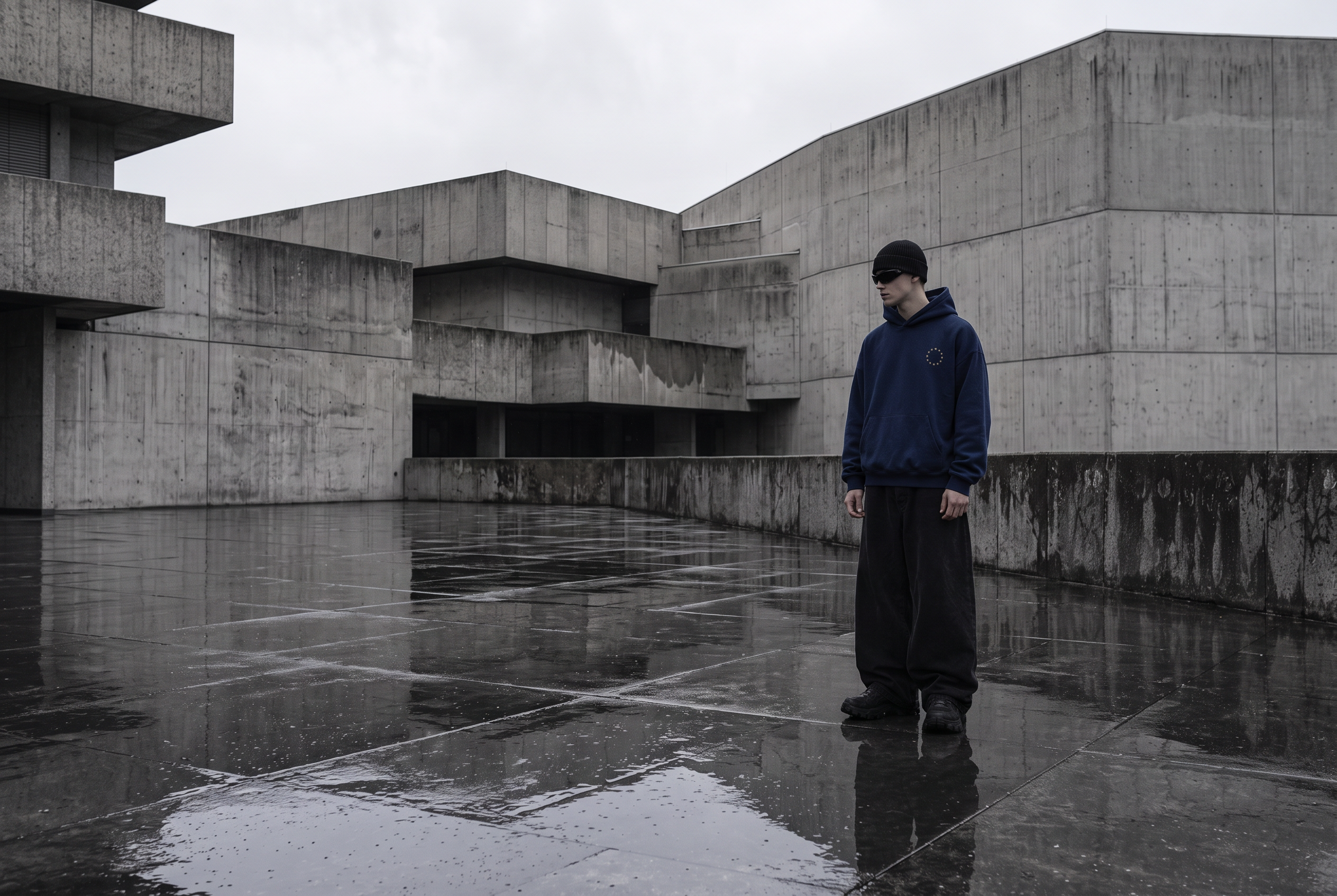 Model wearing the European Blue ARTICLE TWO EU HOOD in brutalist architecture