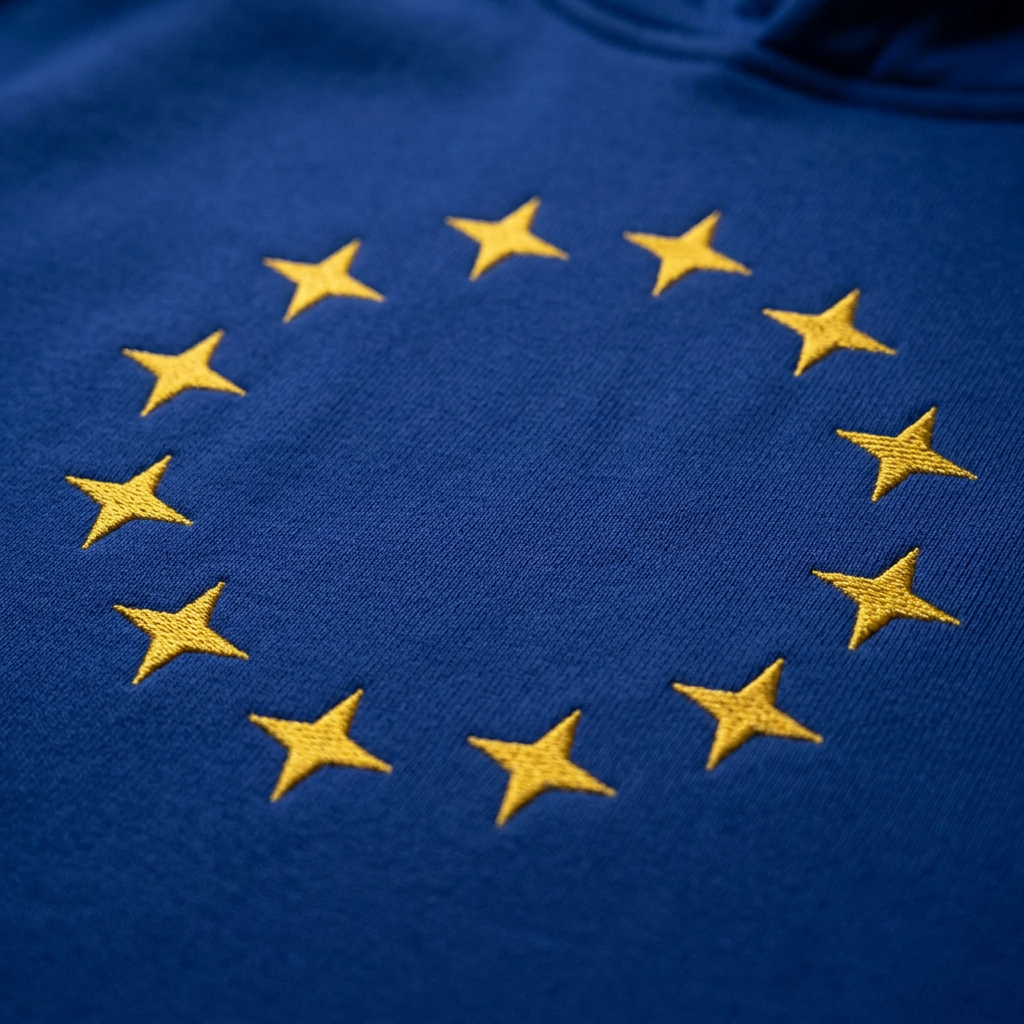 Chest detail of the European Blue EU HOOD with twelve embroidered gold stars